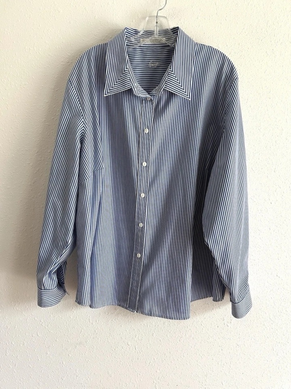 Foxcroft Blue and White Vertical Stripe Button-Down Shirt - Picture 2 of 9